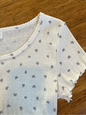 White Short Sleeve Top with Butterfly Pattern